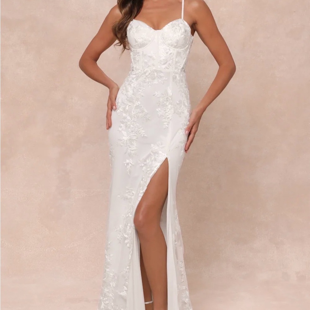 Lulu's White Lace Bustier Gown with High Slit
